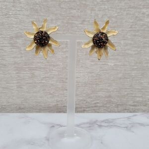 BSK Vintage Sunflower Clip On Earrings Cream Enamel Gold Toned Brown Rhinestones